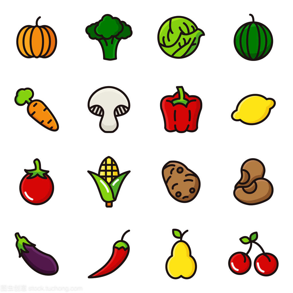 水果和蔬菜图标集。具有移动概念和 web 应用程序元素的水果和健康食品